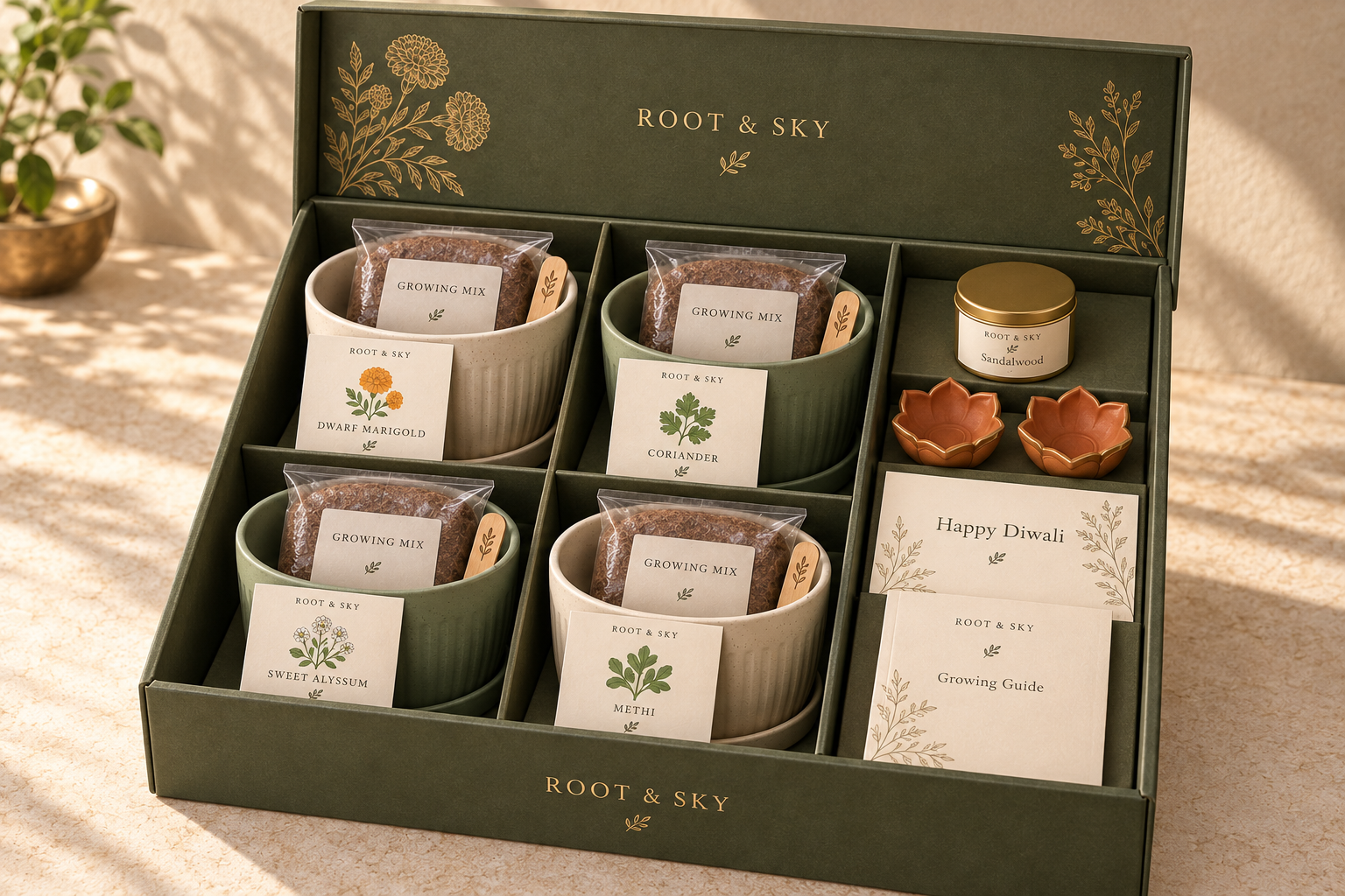Four-pot Root and Sky Diwali seed gift box with seed packets, growing mix, candle, two diyas, postcard and guide